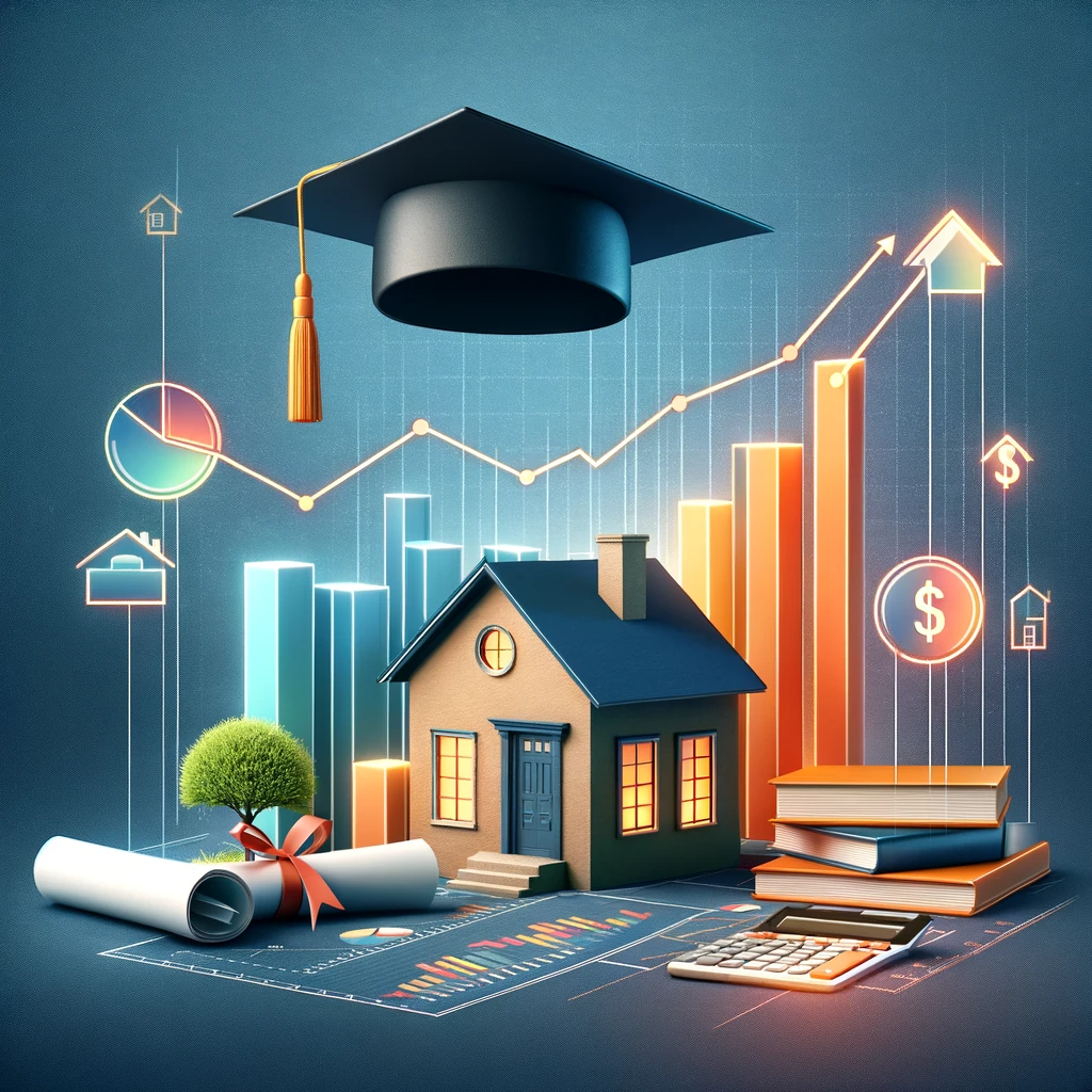 Graph of student loans, mortgage planning, and financial growth with a house, graduation cap, and charts.